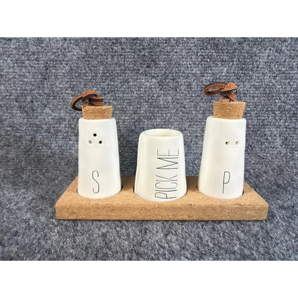 Mud Pie Salt Pepper Shaker Toothpick Holder Set Cork Base Leather Pulls 40250038